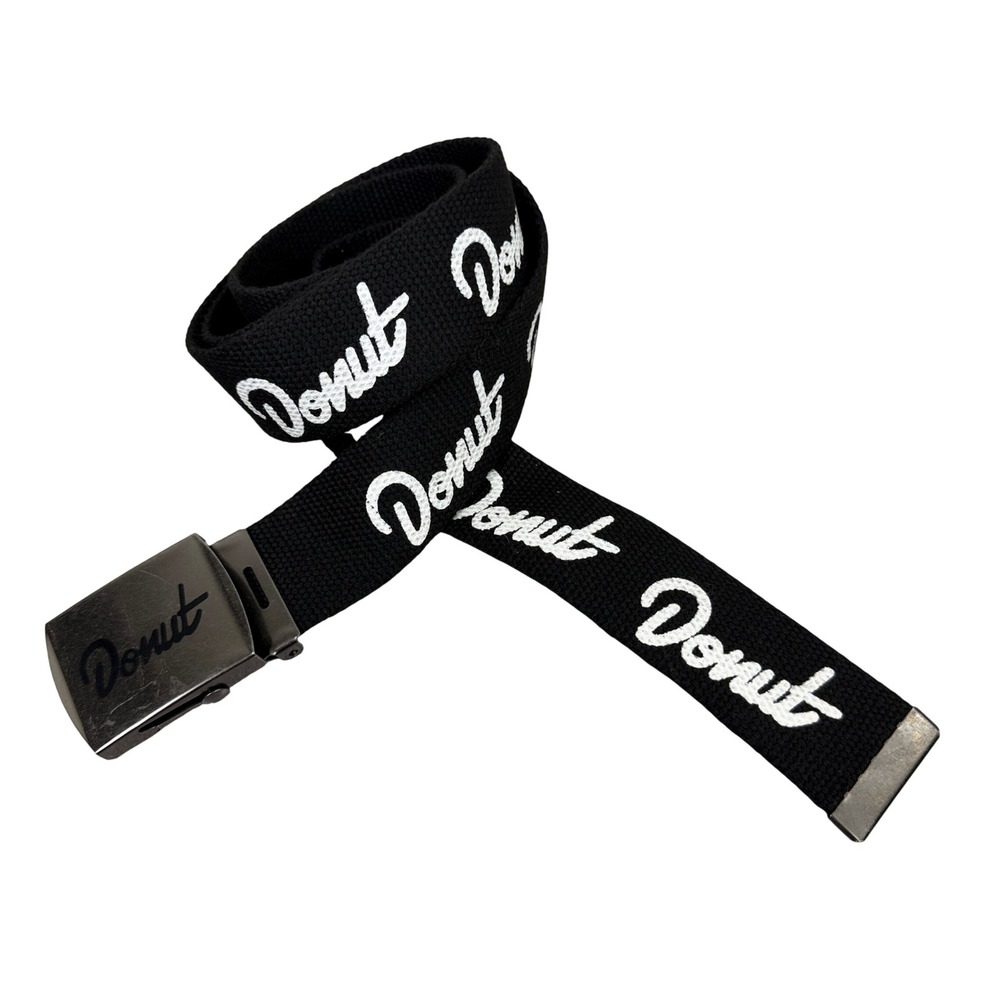 Donut Media Belt Unisex OS Black Script Logo Webbing Canvas Flip Buckle 49in